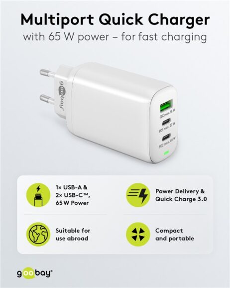 Hleðslutæki með 2xUSB-C og 1xUSB-A - 65W, hvítt - 65408 - Image 5