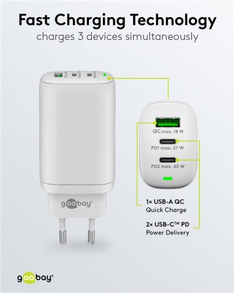 Hleðslutæki með 2xUSB-C og 1xUSB-A - 65W, hvítt - 65408 - Image 6